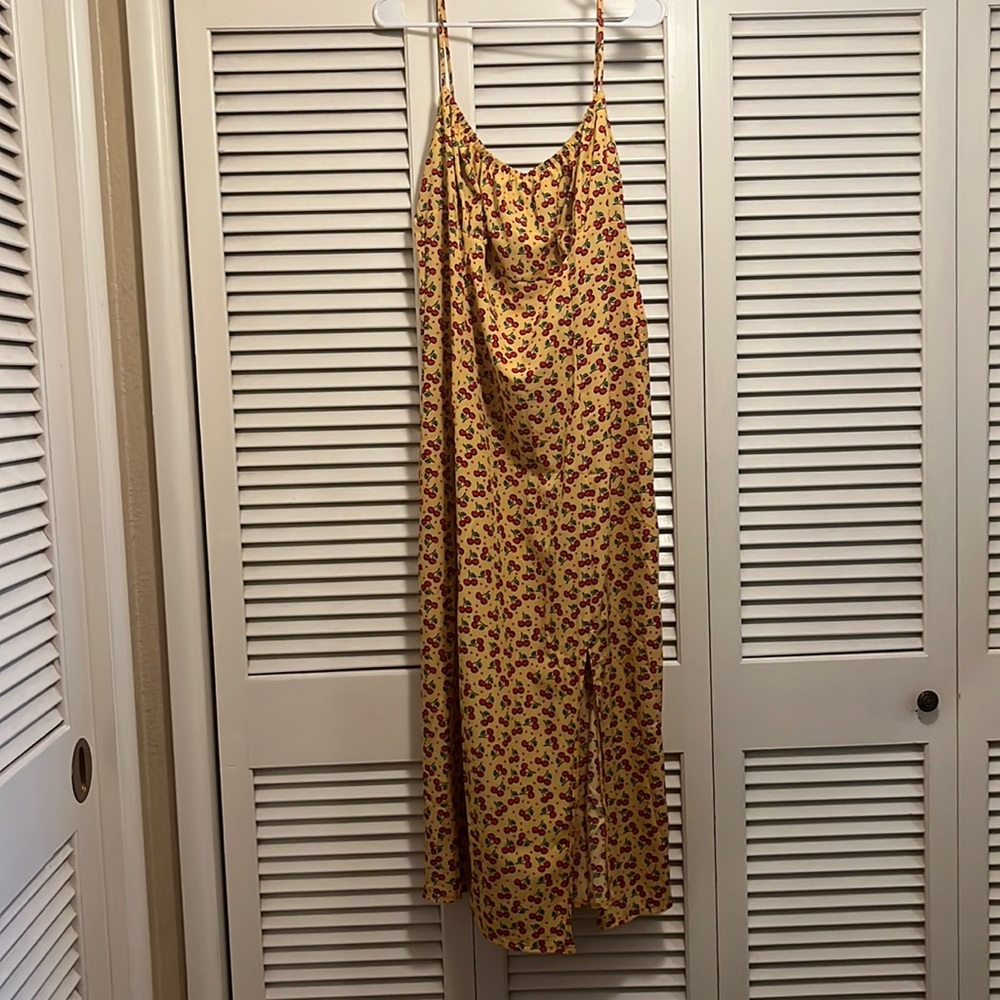 Cherry print spaghetti strap midi dress